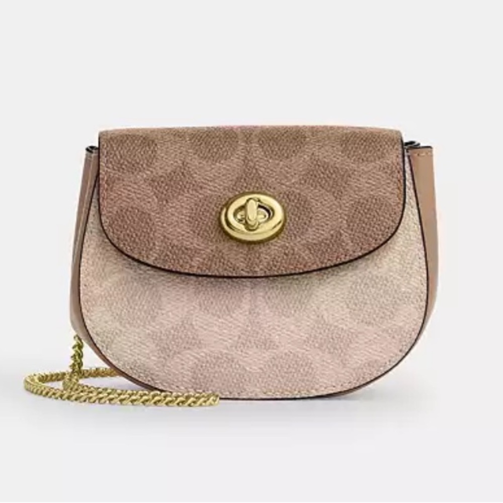 COACH Turnlock Card Case In Blocked Signature Canvas - Cream / Tan